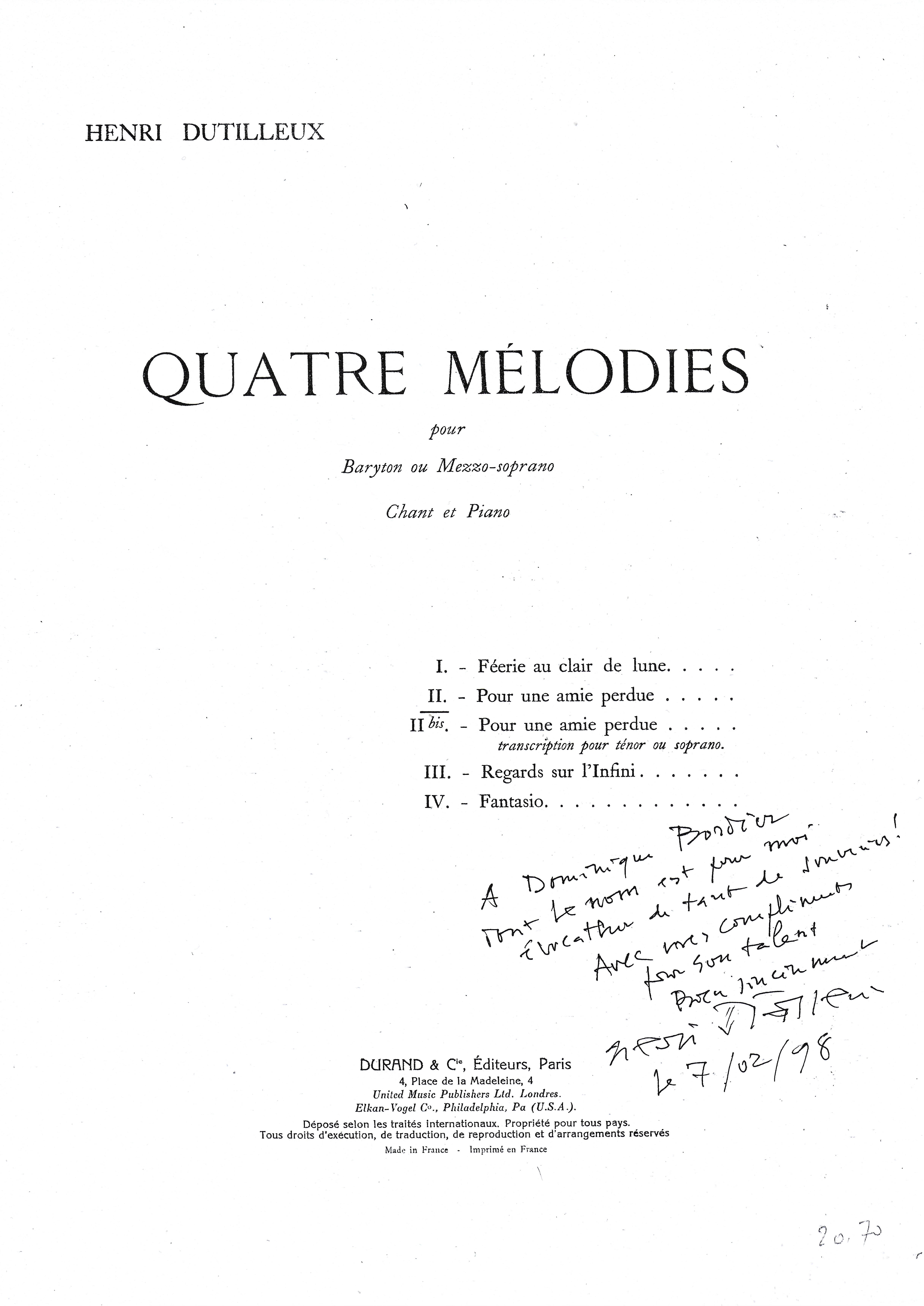 4 mélodie d'Henri Dutilleux, des petits bijoux